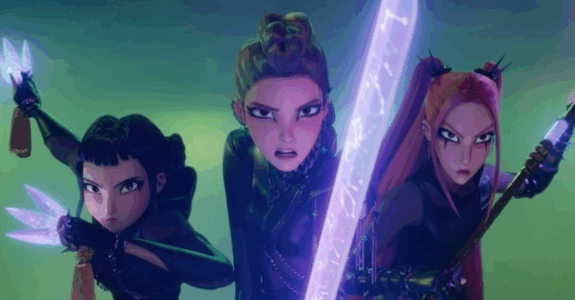 An image of the main character from K-Pop Demon Hunters standing together in a combat stance with their weapons glowing pink and purple.