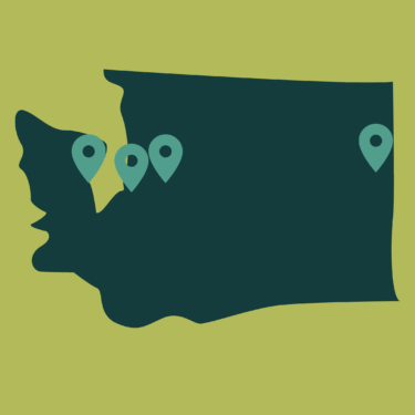 Image depicts the state of Washington with location markers in Poulsbo, Seattle, Bellevue, and Spokane.