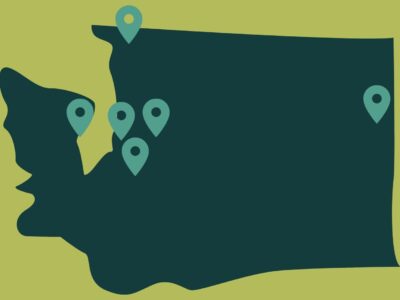 An icon of a map has markers over Kitsap, Seattle, Bellevue, Bellingham, and Spokane