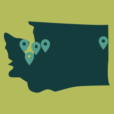A map of Washington state shows 5 pins to represent our locations in Bellevue, Central Kitsap, Seattle, Spokane, and Tacoma/University Place.