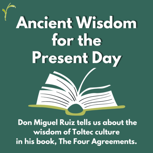 Graphic of an open book with text that says: Don Miguel Ruiz tells us about the wisdom of Toltec culture in his book, The Four Agreements.
